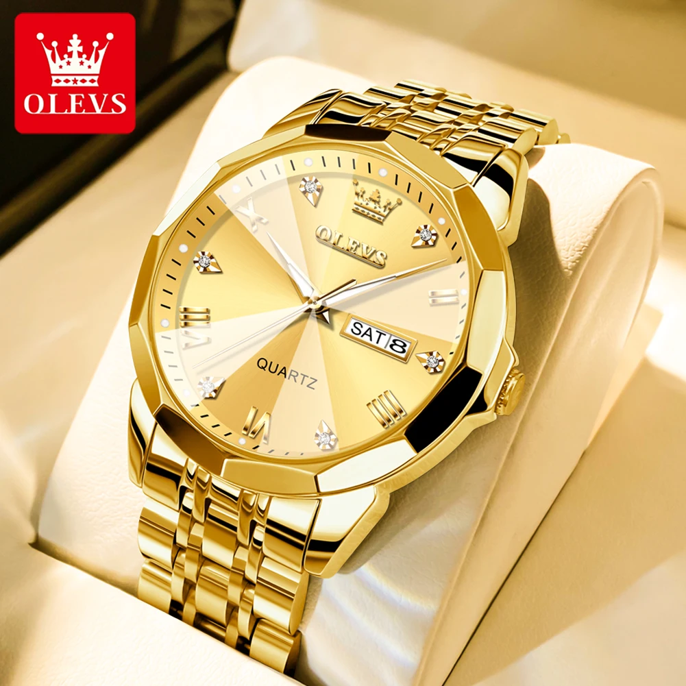 OLEVS 9931 Original Quartz Men's Watch Business Fashion Waterproof Luminous Date Diamond Daily Dress Gold Wristwatch for Luxury