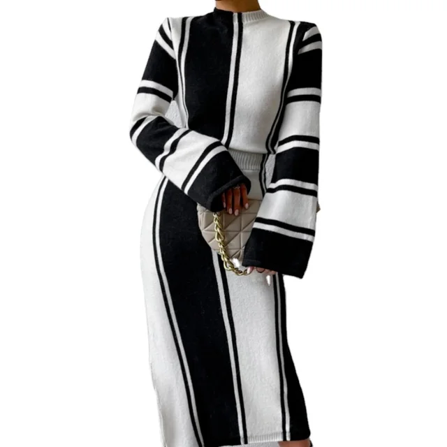 2024 New Spring and Autumn Woolen Dress Stripe Style Slim Fit Round Neck Casual Knitted Dress