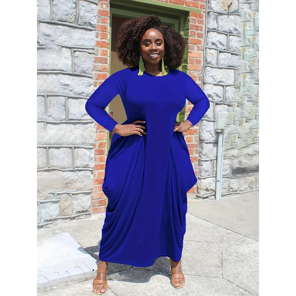 Plus Size Casual Dress - Long Sleeve Maxi with Pockets