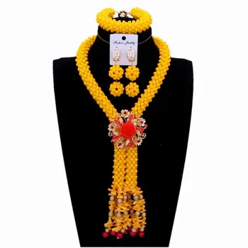 Fashion Costume Traditional Dubai Jewelry Sets For Women Gold Flower Tassel Beads Necklace Sets For African Bridal Wedding