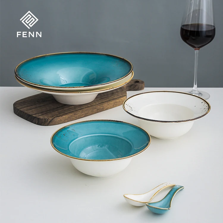 FENN wholesale healthy glazed porcelain bowls hat shape hotel restaurant used deep plate and spoon for home and kitchen