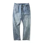 Jeans Hot Sales Cross Embroidery Washed Casual Jeans For Men Fashion Loose Straight-leg Summer Jeans Trendy Wide-leg Distressed Jeans