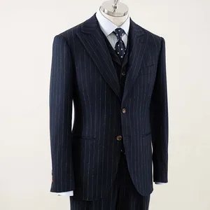 New Fashion Men's Business Suits 100% Wool Navy Striped Slim Fit Plus Size Breathable 2 Pieces Official Style