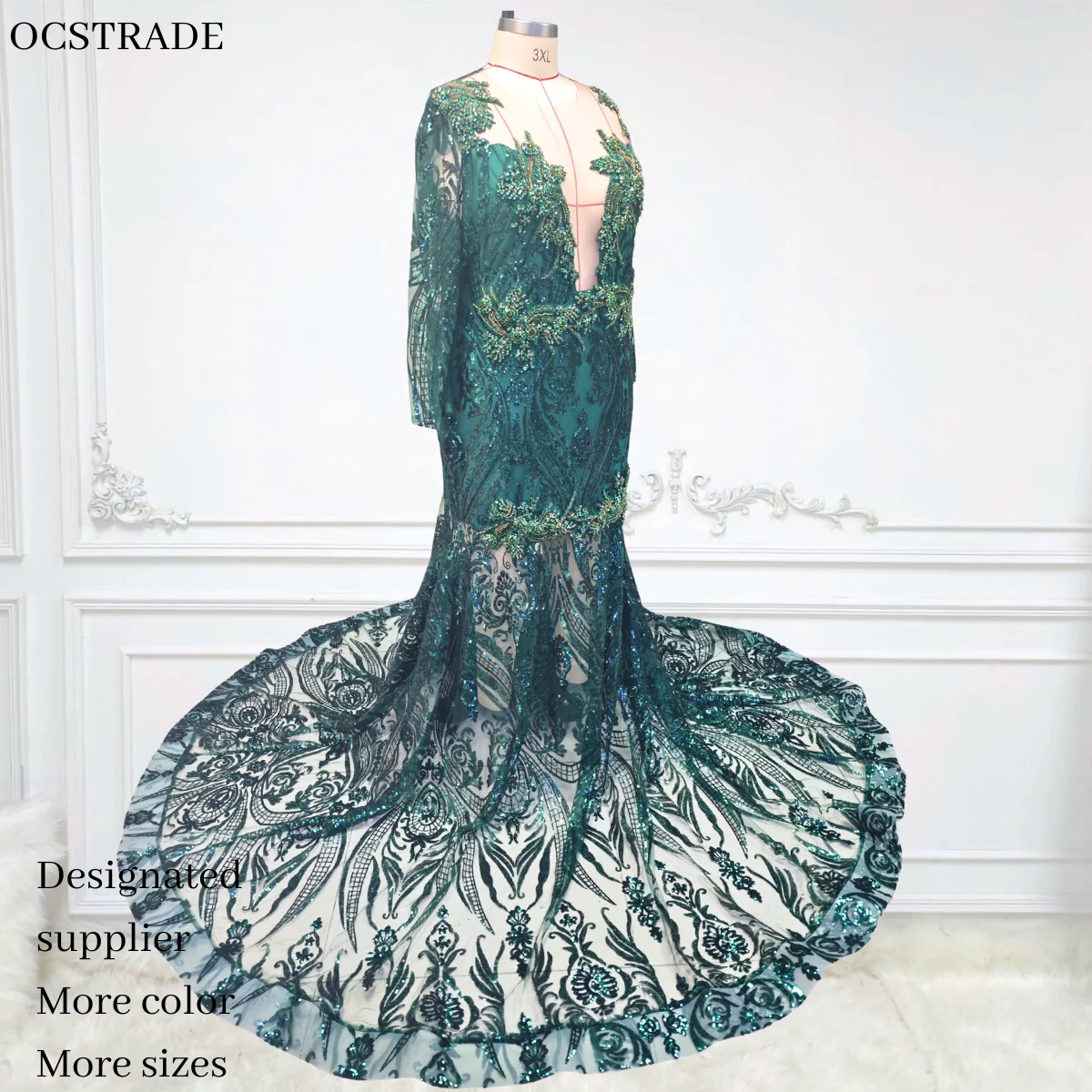 Ocstrade Custom Size Luxury Long Sleeve Evening Gown Dress Elegant Emerald  Green Rhinestone Plus Size Prom Dresses for Women| Alibaba.com