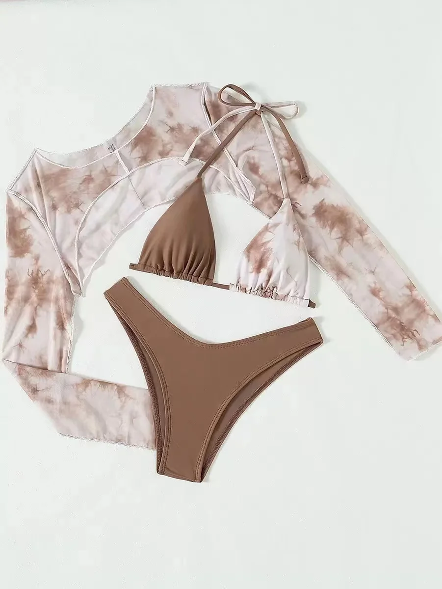Sexy Open Young Girl Bikini Long Sleeve Tie Dye Custom Logo Three Piece
