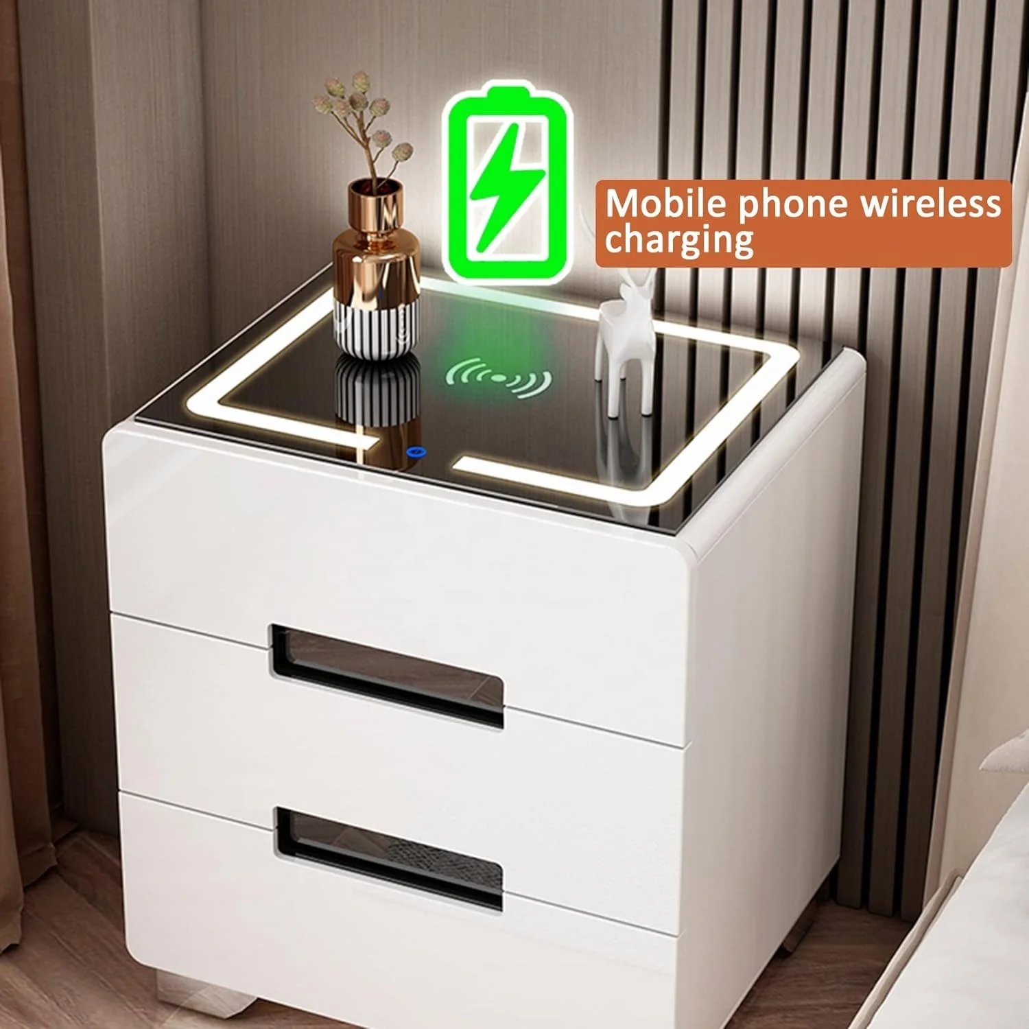 Comodino Moderno Con Ricarica USB E Wireless E Luci A LED 20 Colori – 3 Cassetti, Movimento Sensore, Grigio Opaco Con Maniglie Dorate