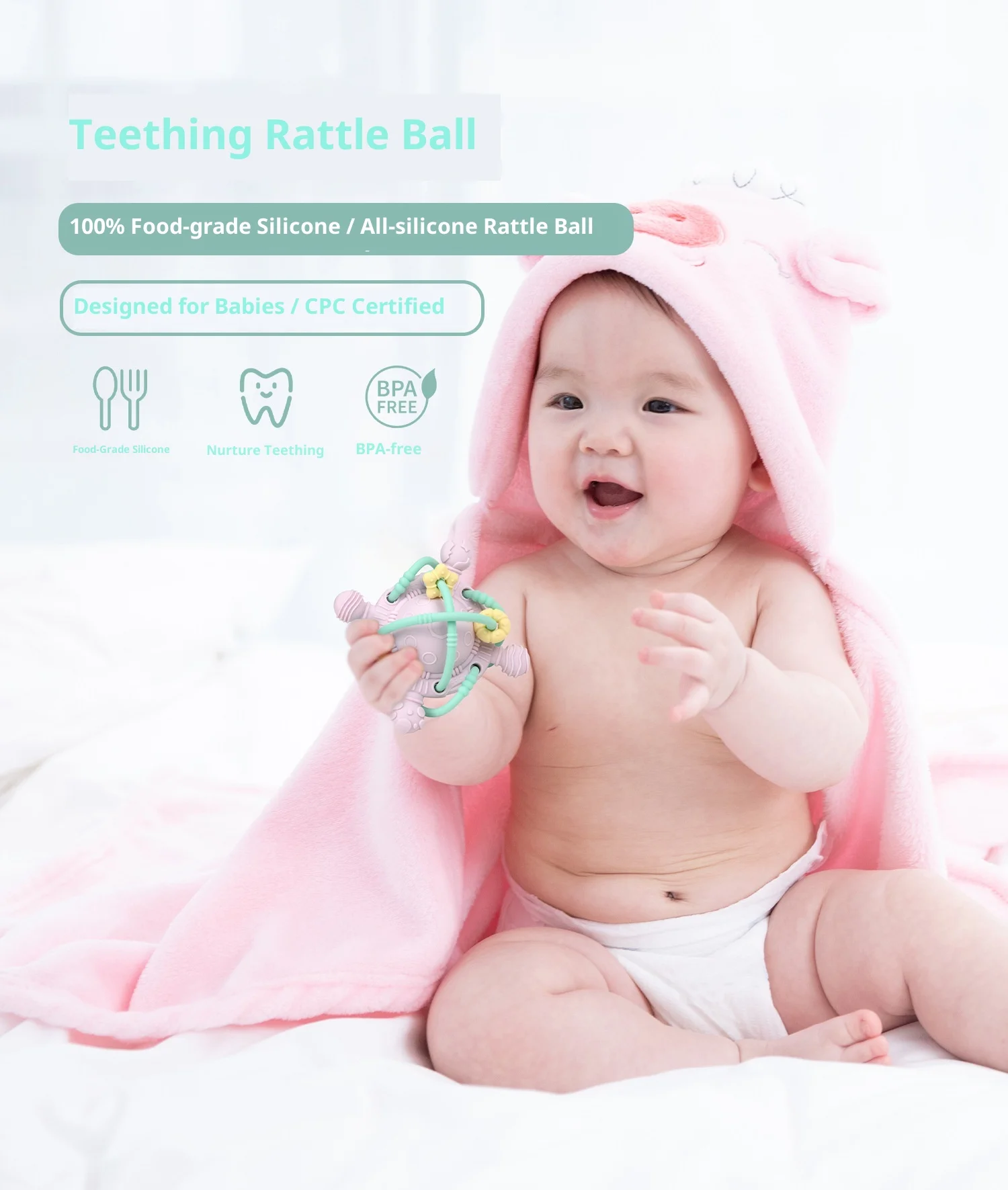 Baby Hand Grasping Ball Rattle Soft Toy 0-2 Years Old Early Education Teething Silicone Manhattan details