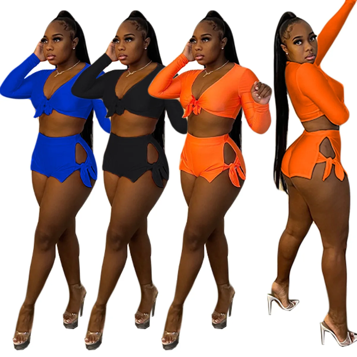 Summer Long Sleeve Crop Top Tie Up Two 