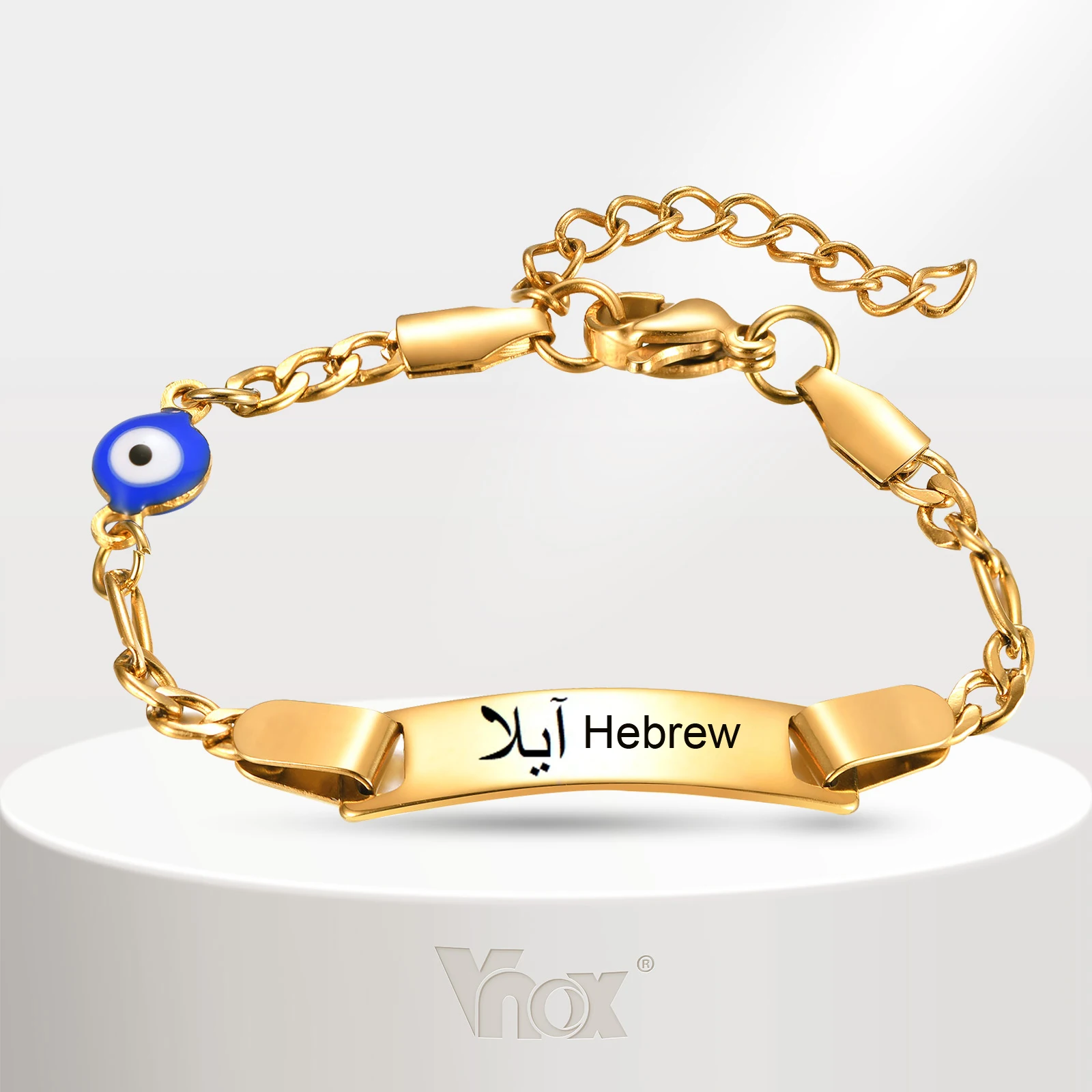 Hebrew Baby Name Plate Bracelet Vnox Evil Blue Eye Protection