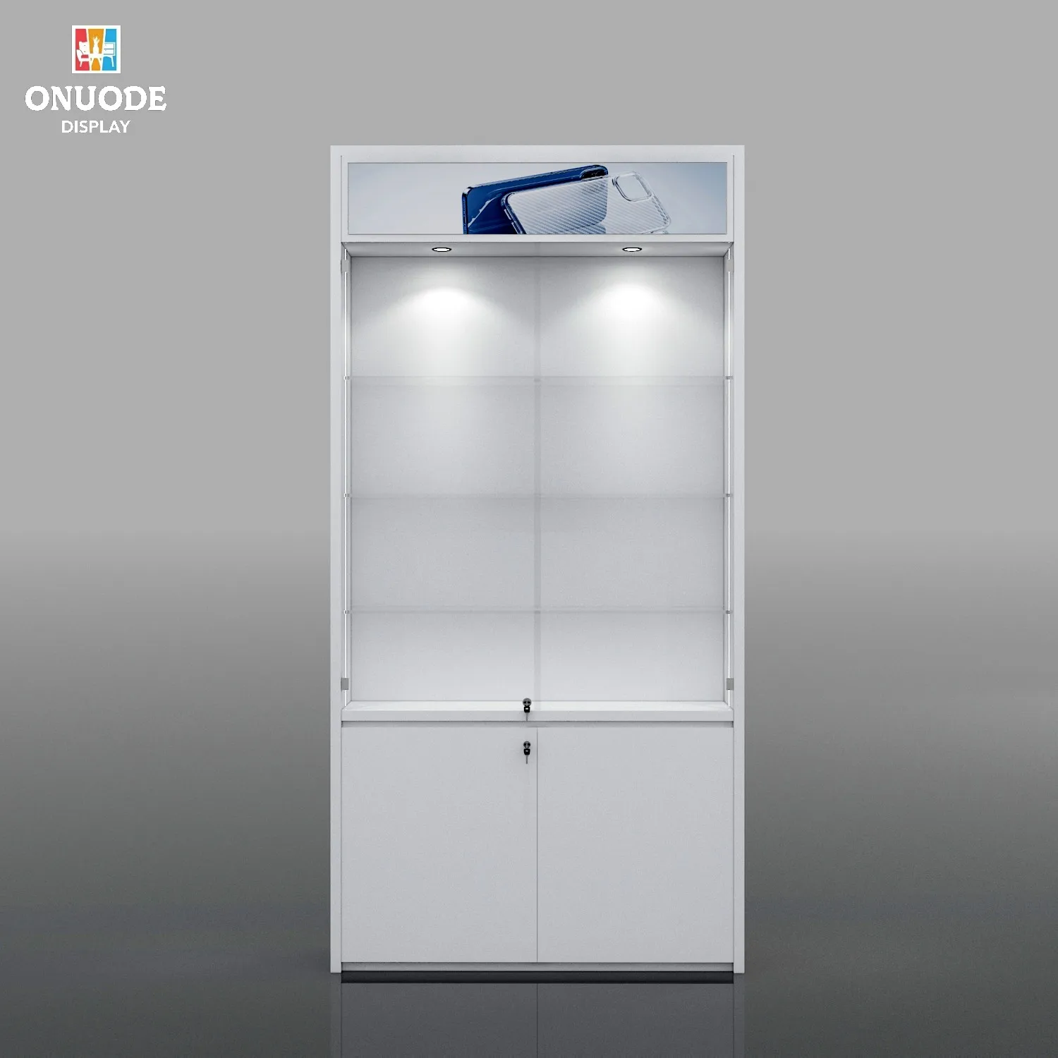 Customized New Design LED Lighting Wall-Mounted Glass Display Cabinet Retail Optical Shop Counter Cell Phone Showcase for