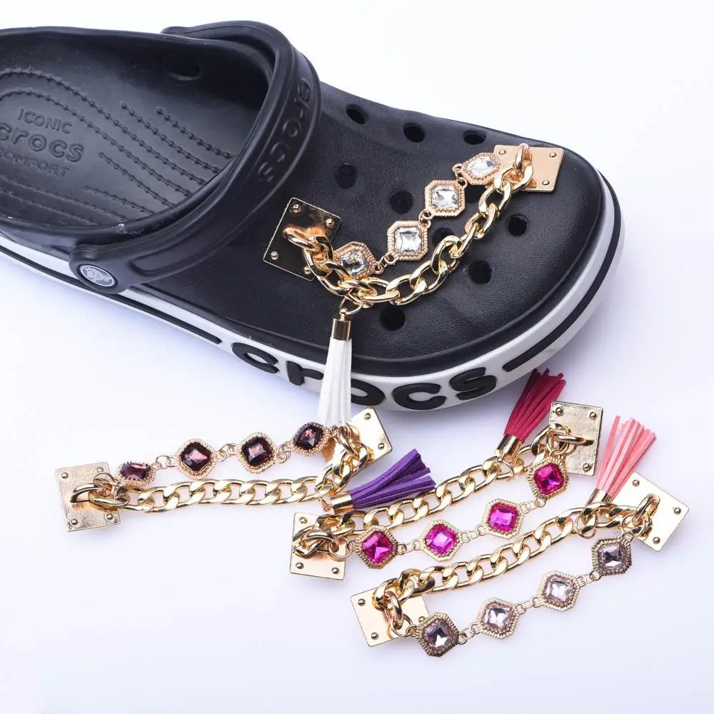 Top Seller 1 Pcs Croc Shoes Charms Gold Silver Bling Black Chain Shoe Metal  Decoration Big Clear Plastic Bracelet Accessories