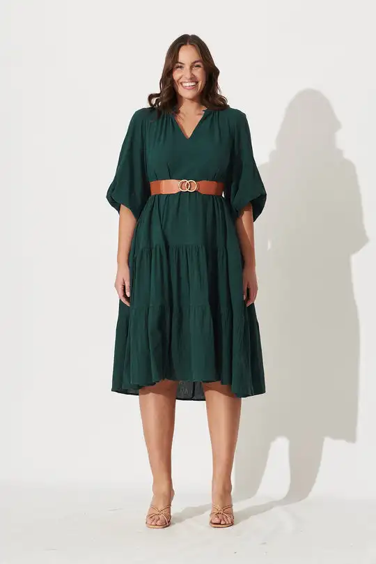 Women Elegant Dress Tiered Emerald Green Midi Dress Solid Color Casual  Dress Women
