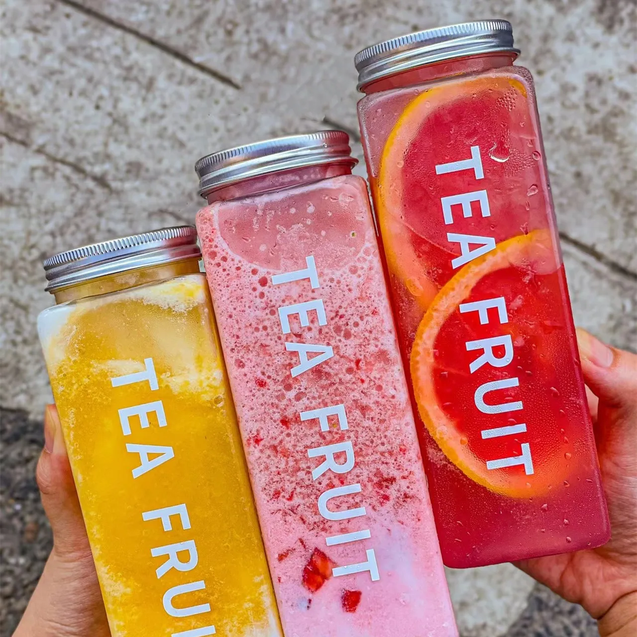 Chinese Factory Plastic Rectangle Shape Milk Tea Juice Bottle With Aluminum Screw Lids