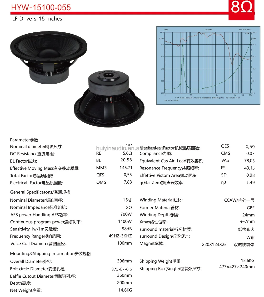 15100-055 Ferrite 15 Inch Speaker 700W RMS for Line Array
