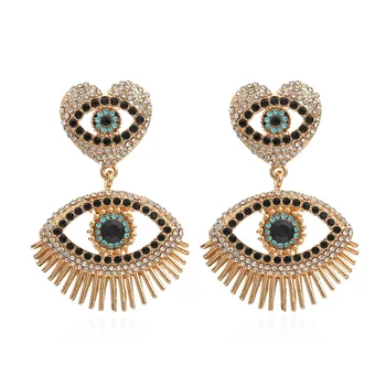 2021 Vintage Popular Best Sale Exaggerated Design Luxury Rhinestone Crystal Tassel Evil Eye Earrings