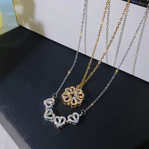 Unusual Together 4 Crystal Heart Flower Pendant Gold Silver Color Stainless Steel Necklace Chain