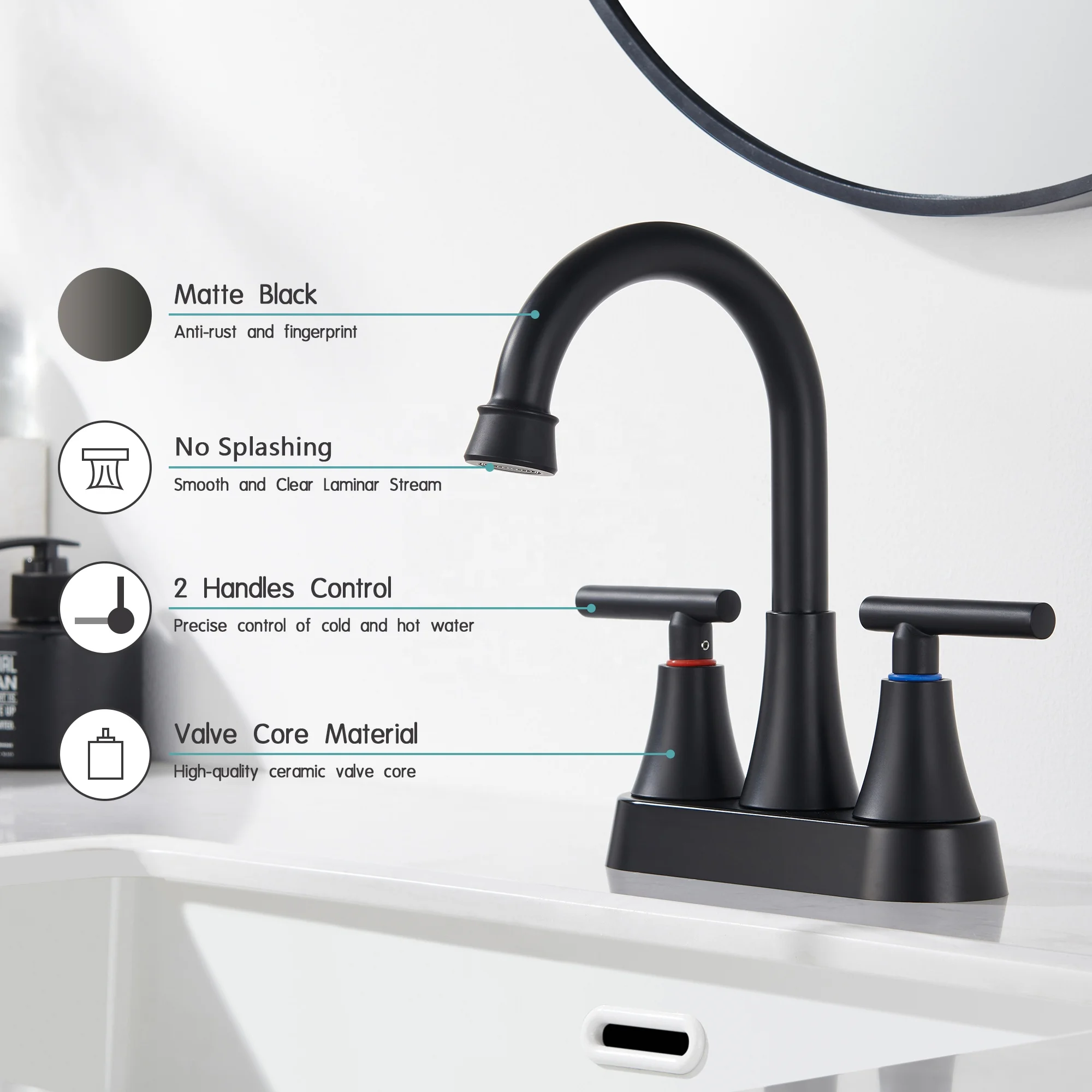 Modern Thermostatic Matte Black Basin Faucet Stainless Steel Double Handle Hot Cold Water Mixer Ceramic Valve Core 2-Hole