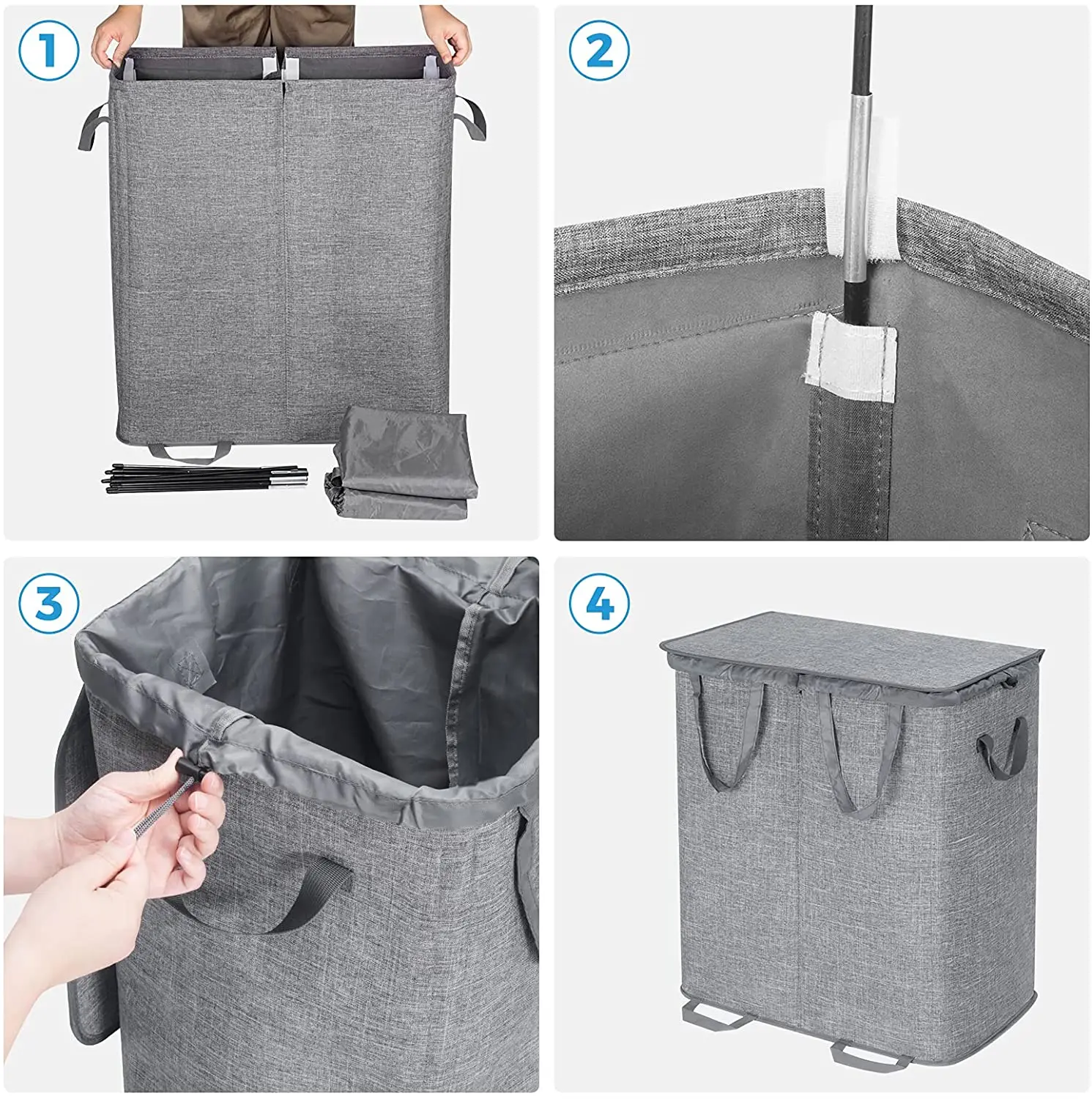 Large Capacity Collapsible 2 Dividers Dirty Clothes Basket Double Laundry Hamper With Lid and Removable Laundry Bags