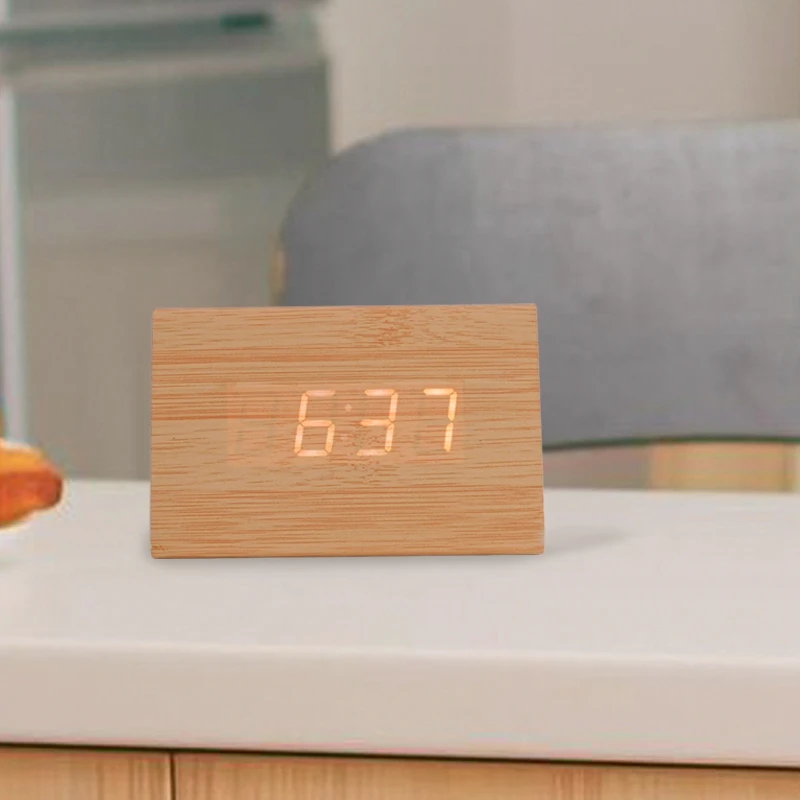 Popular LED Wooden Smart Voice Activated Triangle Digital Wood Clock Dual Power Supply Wooden Alarm Clock