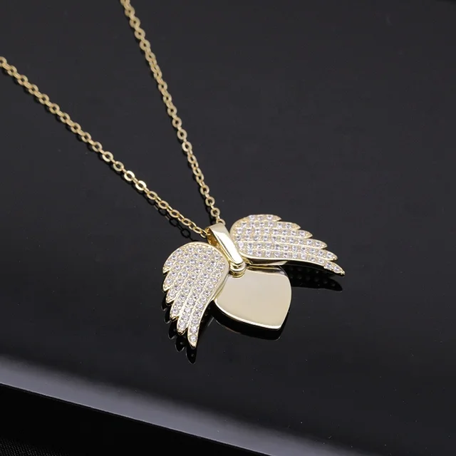 women Angel Wings and Heart Necklace Charm CZ Zircon Pendant Necklace Gold Plated