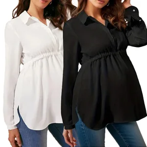 Solid Color V-Neck Long Sleeve Maternity Blouse Fashion Top