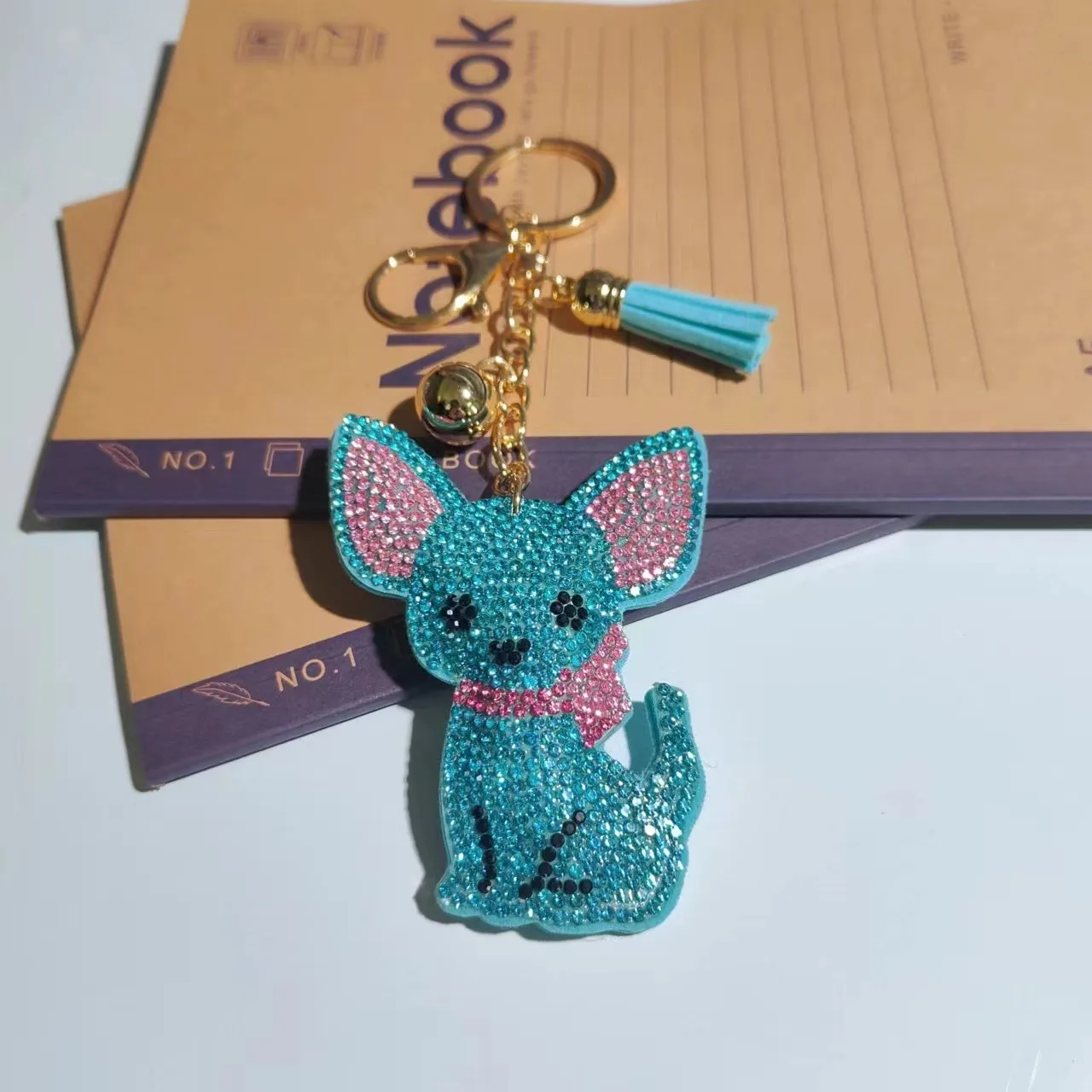 Cute Crystal Keychain Chihuahua Dog Plush Charm Key Ring OEM