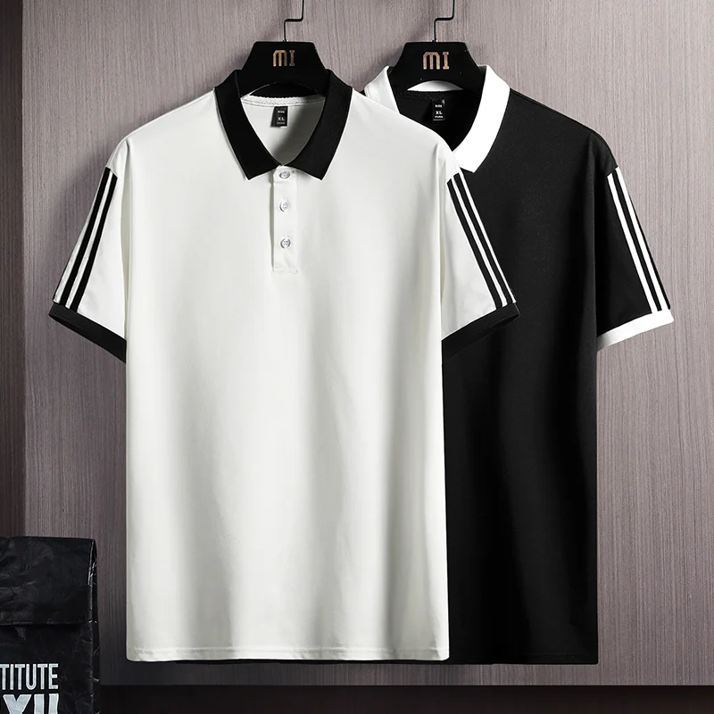 60% Lyocell fiber, 40% polyester, color-blocked white and black three-stripe collar button breathable men's casual short-sleeved shirt