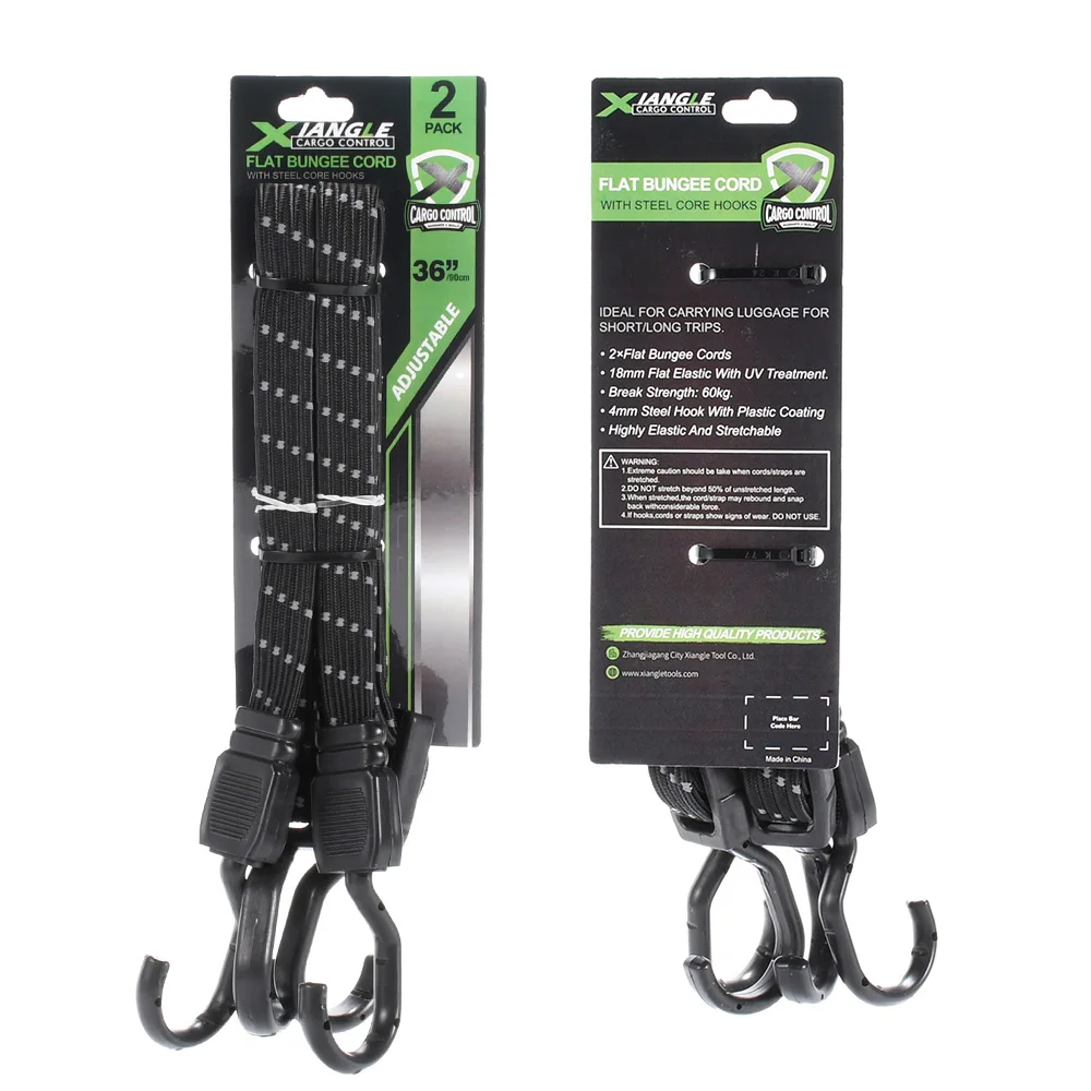 2pk rubber latex elastic black flat bungee cord with hooks