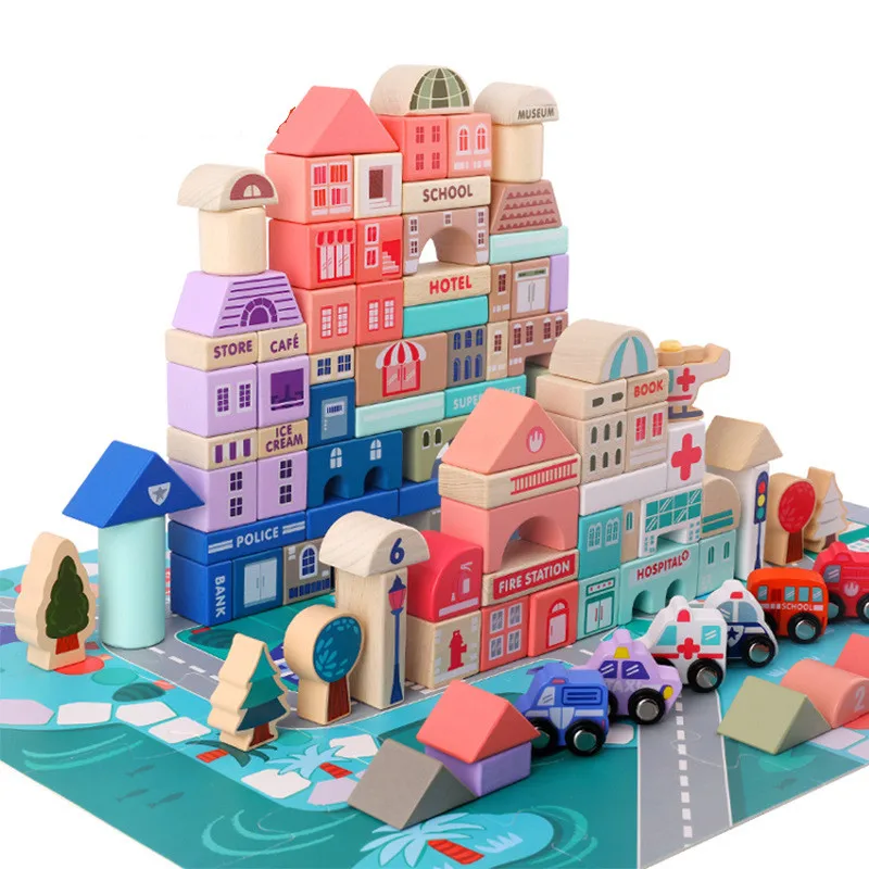 Kids educational toys 115 pcs cute city  traffic Macarons building wooden blocks puzzle playing blocks toy for kids