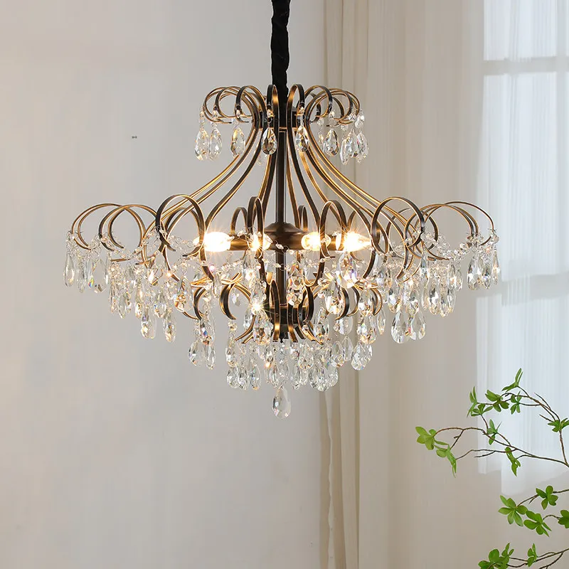 French-style Vintage Fishing Line Chandelier Black Crystal LED Lamp-Luxurious for Living Room Bedroom & Dining Room