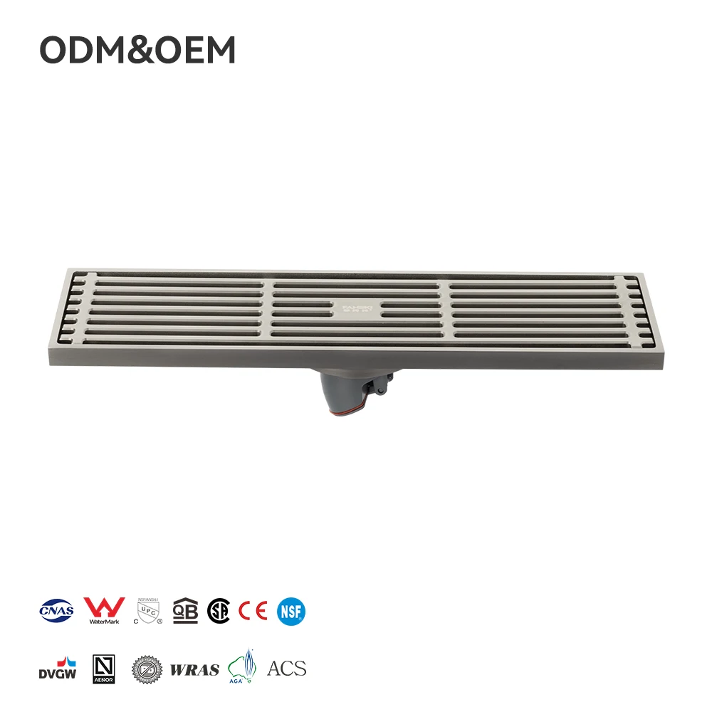 FANSKI Fegyverszürke modern stílusú 8x300 mm-es mély hangszórós padlócsatorna, szagálló, korrózióálló tulajdonságok fürdőszobához, zuhanyzóba