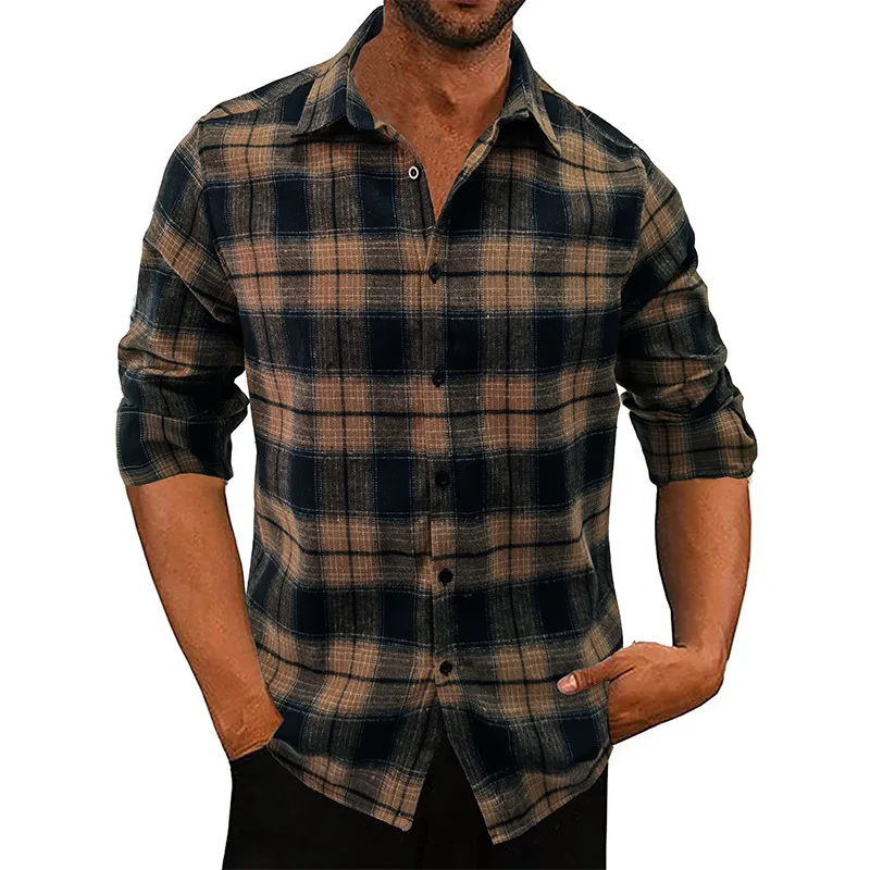 Wholesale high quality lapel Checked new style long sleeve casual shirts for men work shirt76_voghion.com