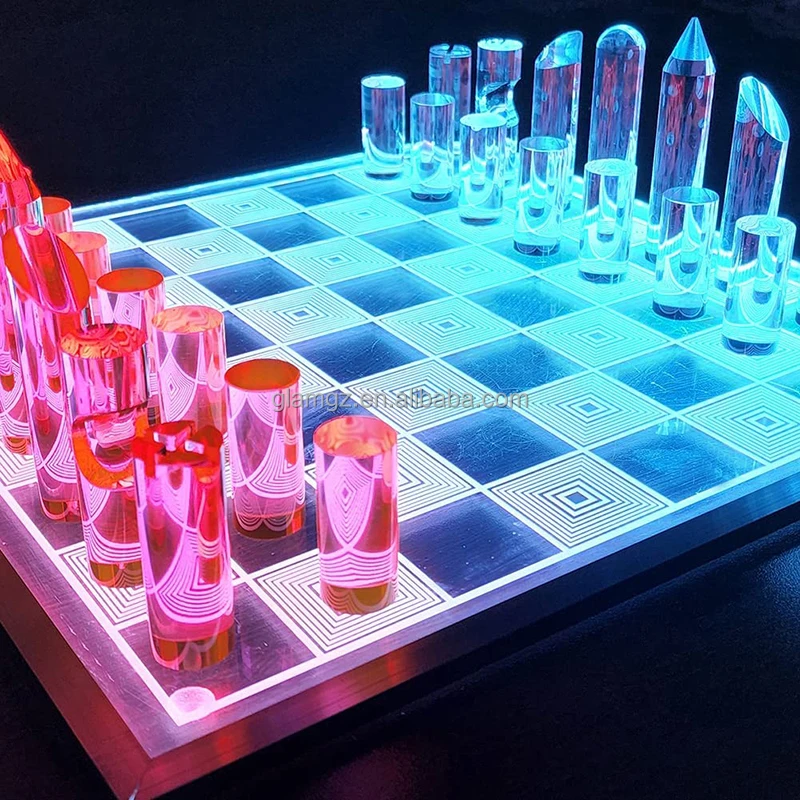 3D Acrylic LED Light Glowing Chess Set Luxury Cut Chessboard Executive Board Game Clear Neon