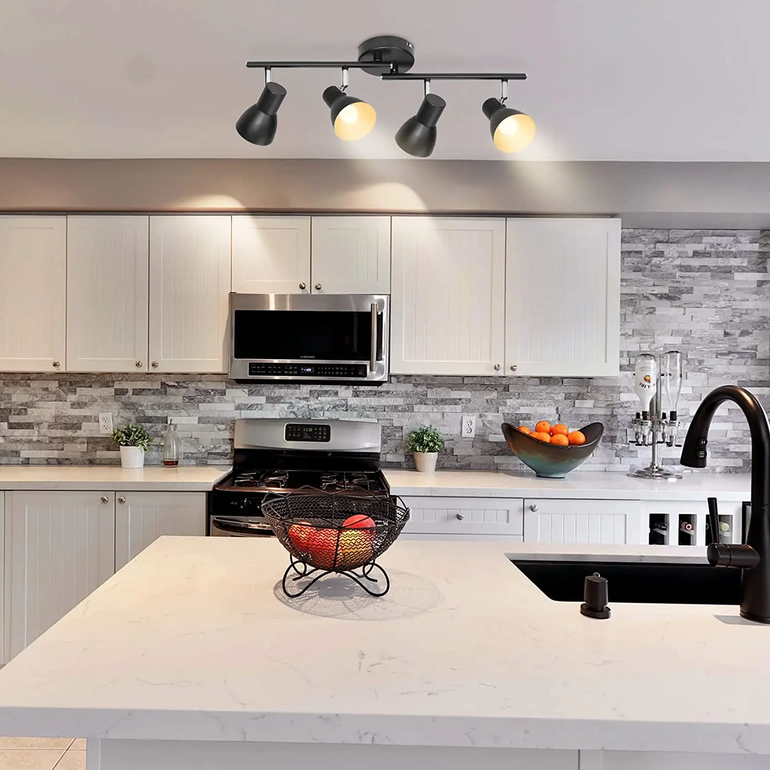 KEESFU 4-Light Track Lighting Fixture – Black Modern Spotlight For Ceiling, Adjustable Heads, E26 Base, Kitchen & Dining Room