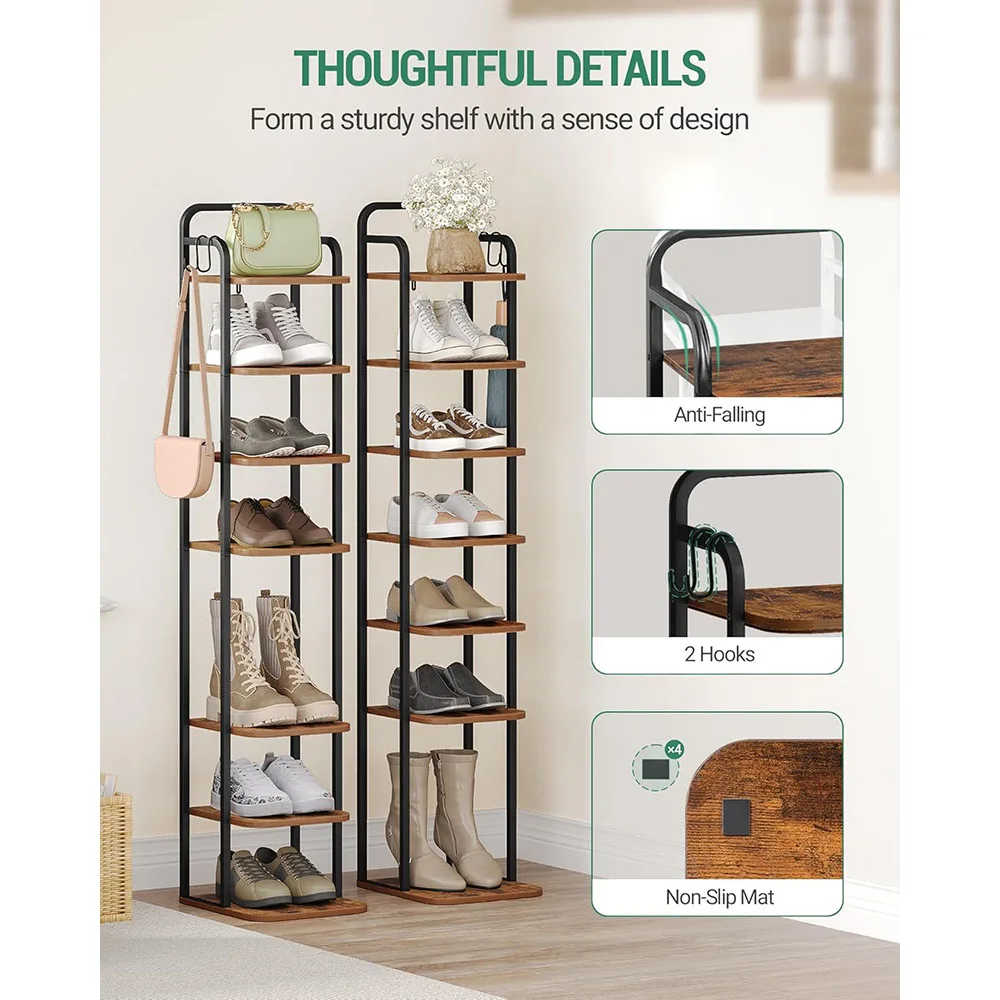 8-Tier Vertical Shoe Rack Wooden Narrow Shoe Tower with 2 Hooks for Entryway and Living Room Organizer for Tall Shoes supplier