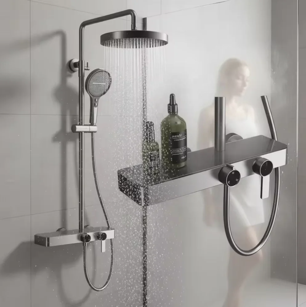 Thermostatic Rainfall Shower System Brass Body 3 Function Rain+Handheld with Storage Shelf Hotel Bathroom 5Year Warranty OEM ODM