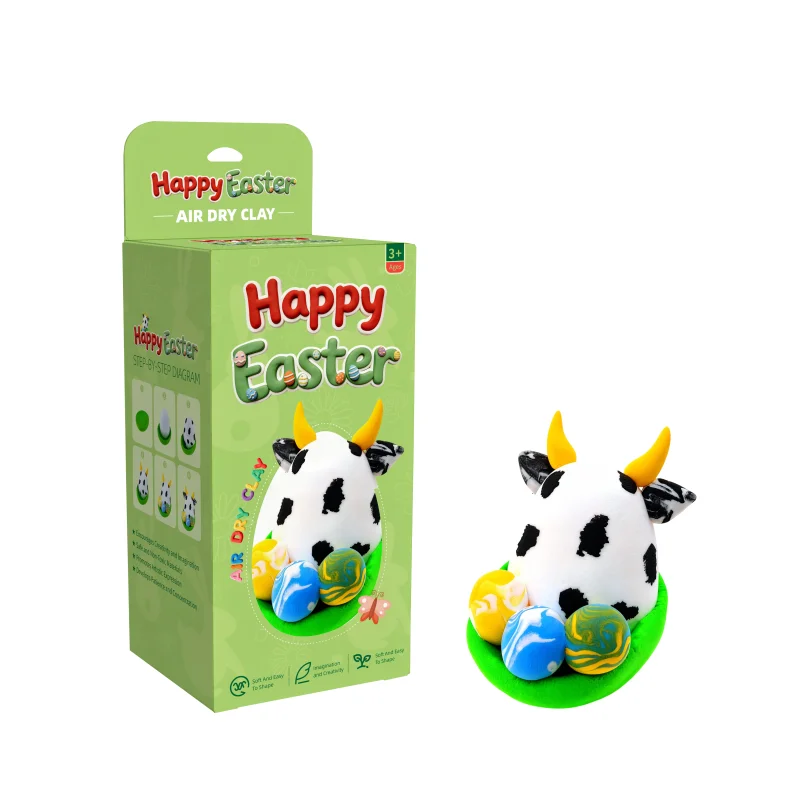 イースター用エアドライクレイクラフトキット：無毒・子ども向け安全（3歳以上対象）、牛とイースターエッグのDIYセット、ホリデーデコレーション・ギフト兼用、オールインワンクレイ用品