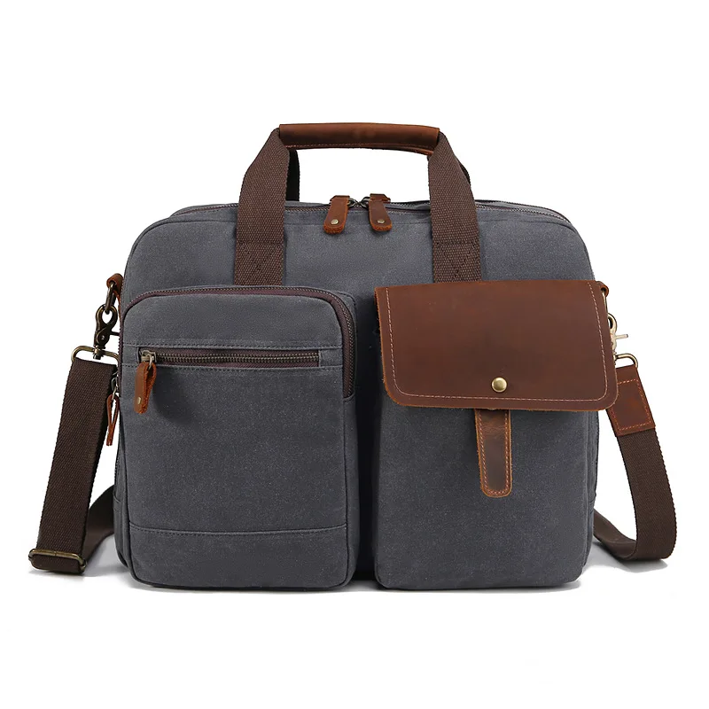 New European and American canvas briefcase retro waterproof one shoulder messenger bag crazy horse leather bag laptop bag