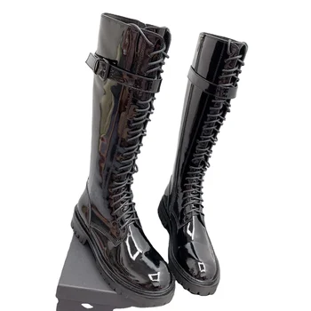 2024  Custom Fashion Show famous brand boots Slip On Black Leather Long Knee High  Boots for women's