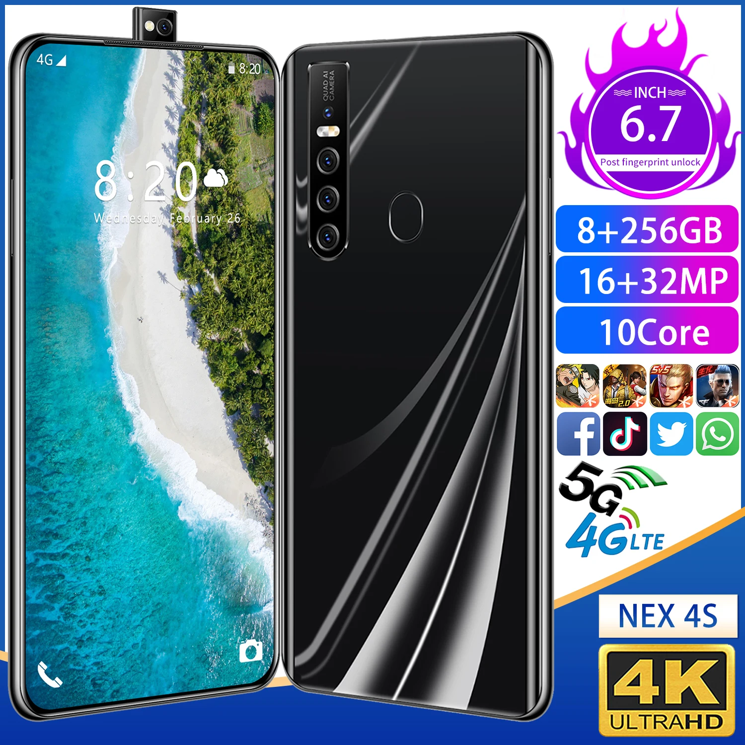 
 НОВЫЙ разблокирован смартфон Nex 4S 6,7 дюймов с двумя сим карты уход за кожей лица/отпечаток пальца ID аппарат не привязан к оператору сотовой связи Android 10,0 8 ГБ + 256 ГБ Celulares  