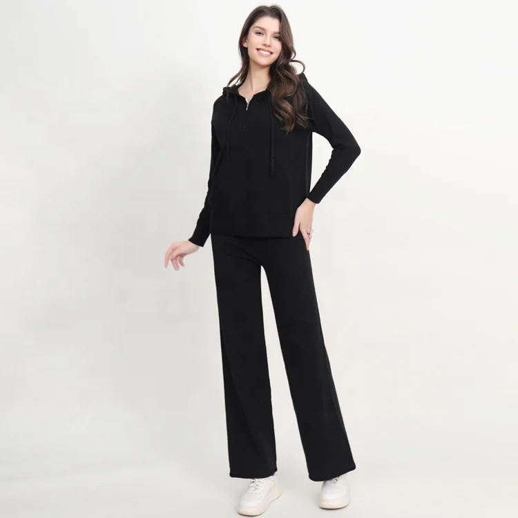 Arctic Velvet Hooded Knitted Shirt Women's Autumn and Winter New High end Zipper Pullover Knitted Two piece Set