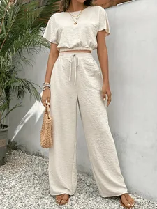 2026 Summer New Organic Cotton Women's Loose Fit Casual Suit with Bow Collar Top and Pants European and American Style