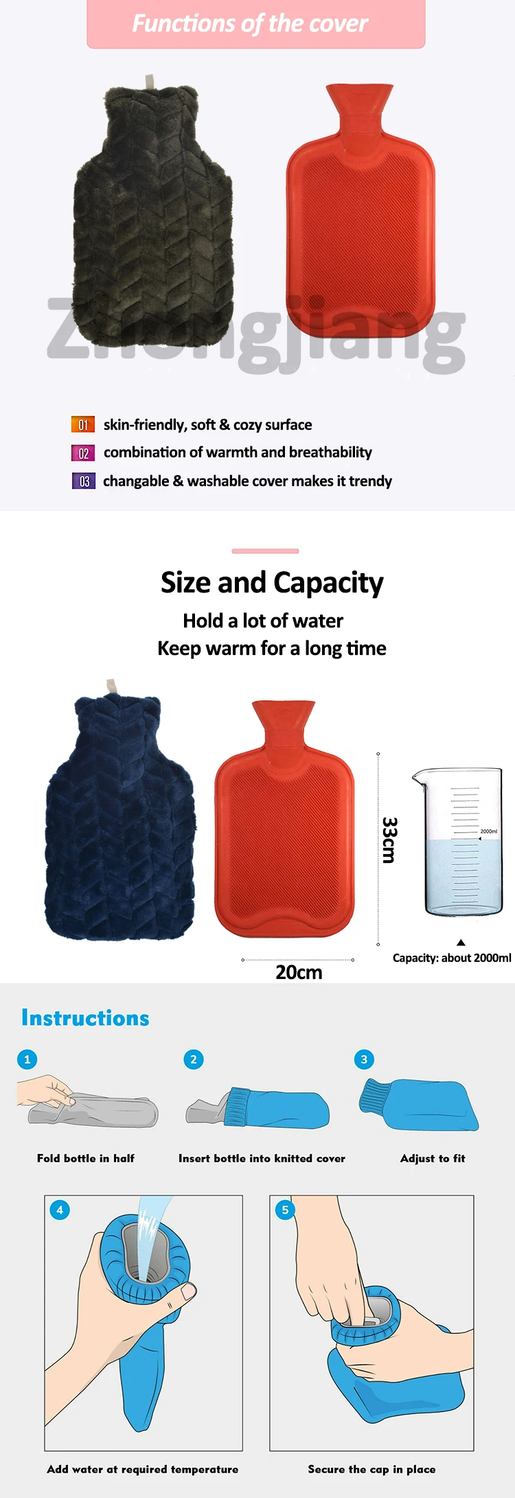 2l sublimation rubber hot water bottle warm hot water bag with fur cover custom logo foot hand warmer