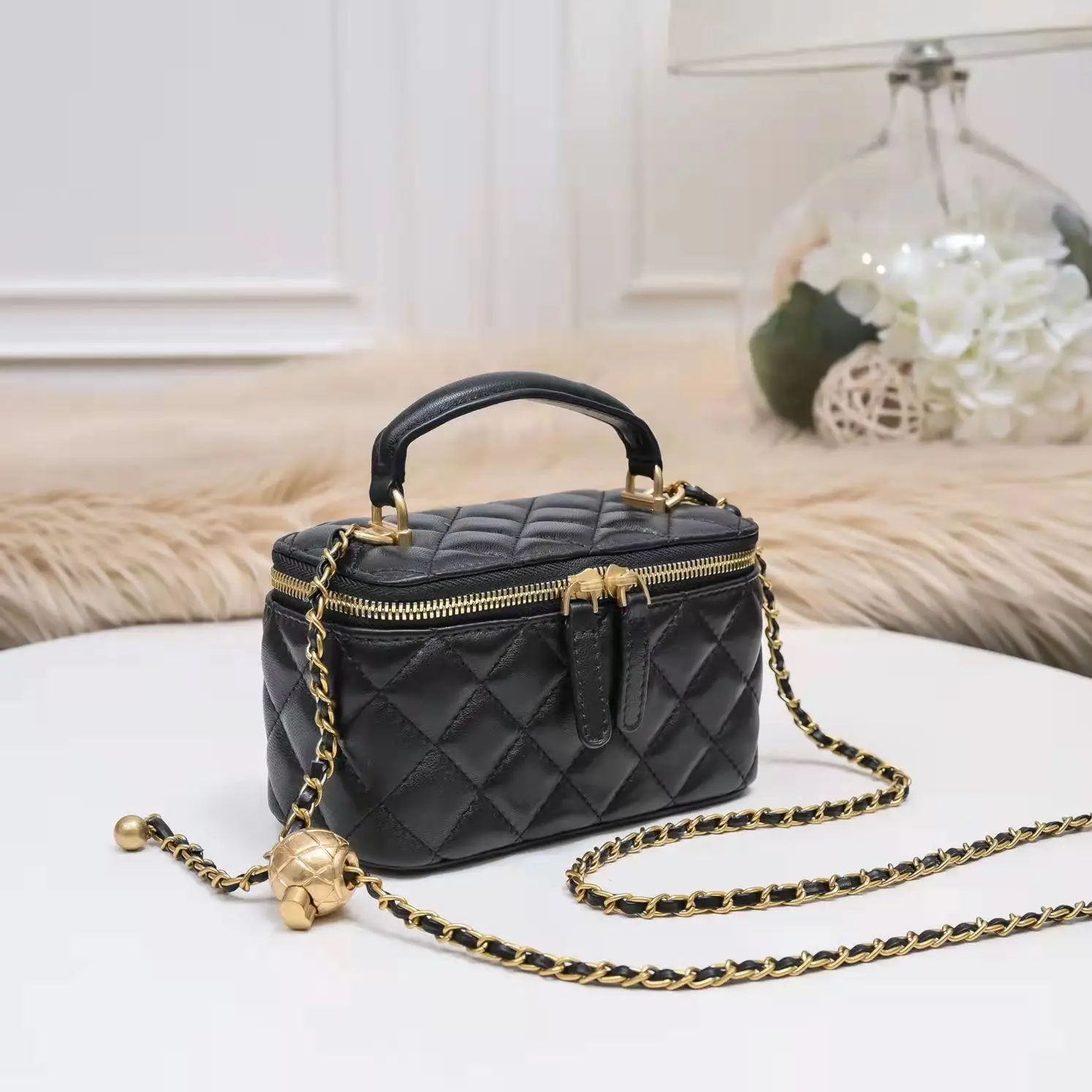 Wholesale 2023 Famous Designer Cosmetic Bag Lambskin Leather Mini Fragrant  Hand Bag Metal Ball Chain Mini Box Bag Shoulder Messenger Small From  m.