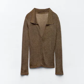 2025 OEM & ODM Logo Polo Neck Trendy Sweater for Women Collared Merino Wool Cardigan Casual Standard Autumn Knitted
