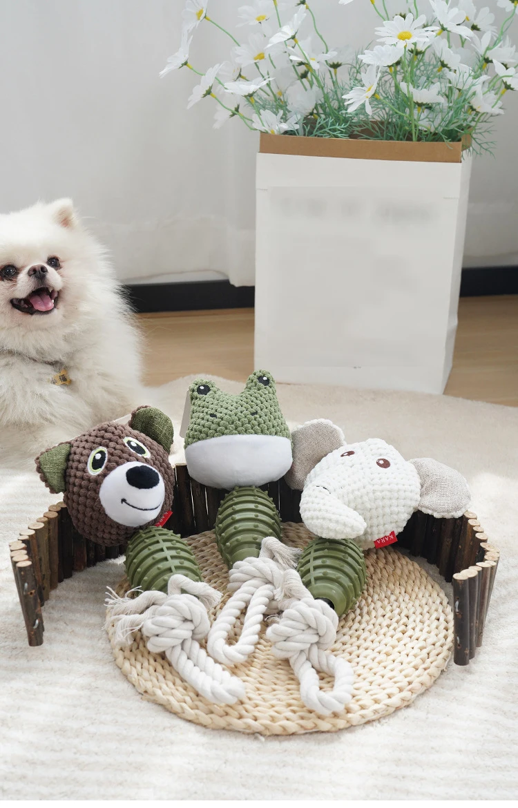 Wholesale squeaky rope TPR plush dog toy green white brown overview