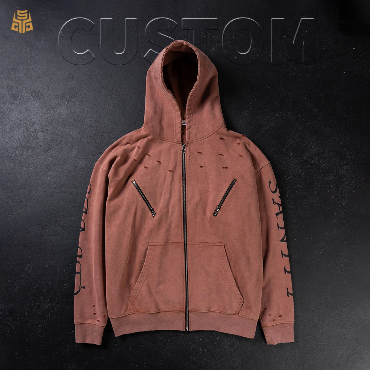 400gsm Vintage Acid Wash Mens Zipper-Up Hoodie Oversized Heavyweight Hoodie Manufacturers Screen Printing and Distress Design