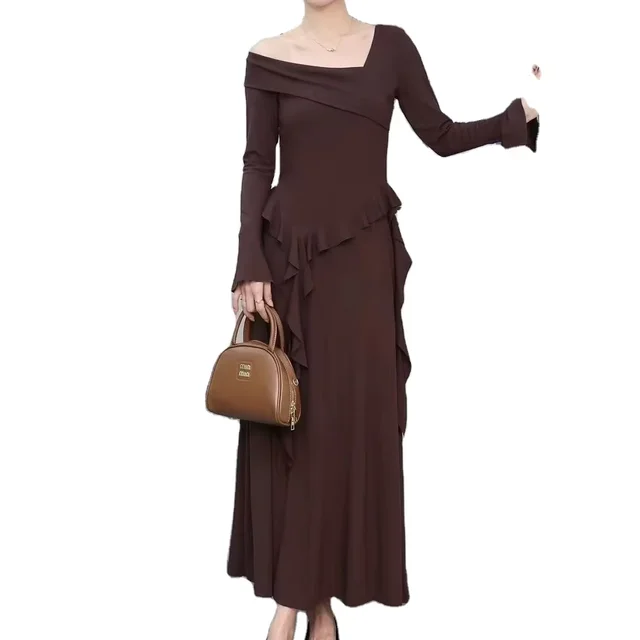 Elegant Socialite Autumn Fashion Set Asymmetrical Irregular Long Sleeved Top High Waisted Elastic Waist Half Body Long One Set