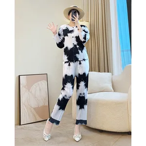 Miyake Holiday Suit Women's 2026 Spring Autumn Casual Loose Slimming Satin Long Print Cardigan Two-Piece Set Elegant Pleated