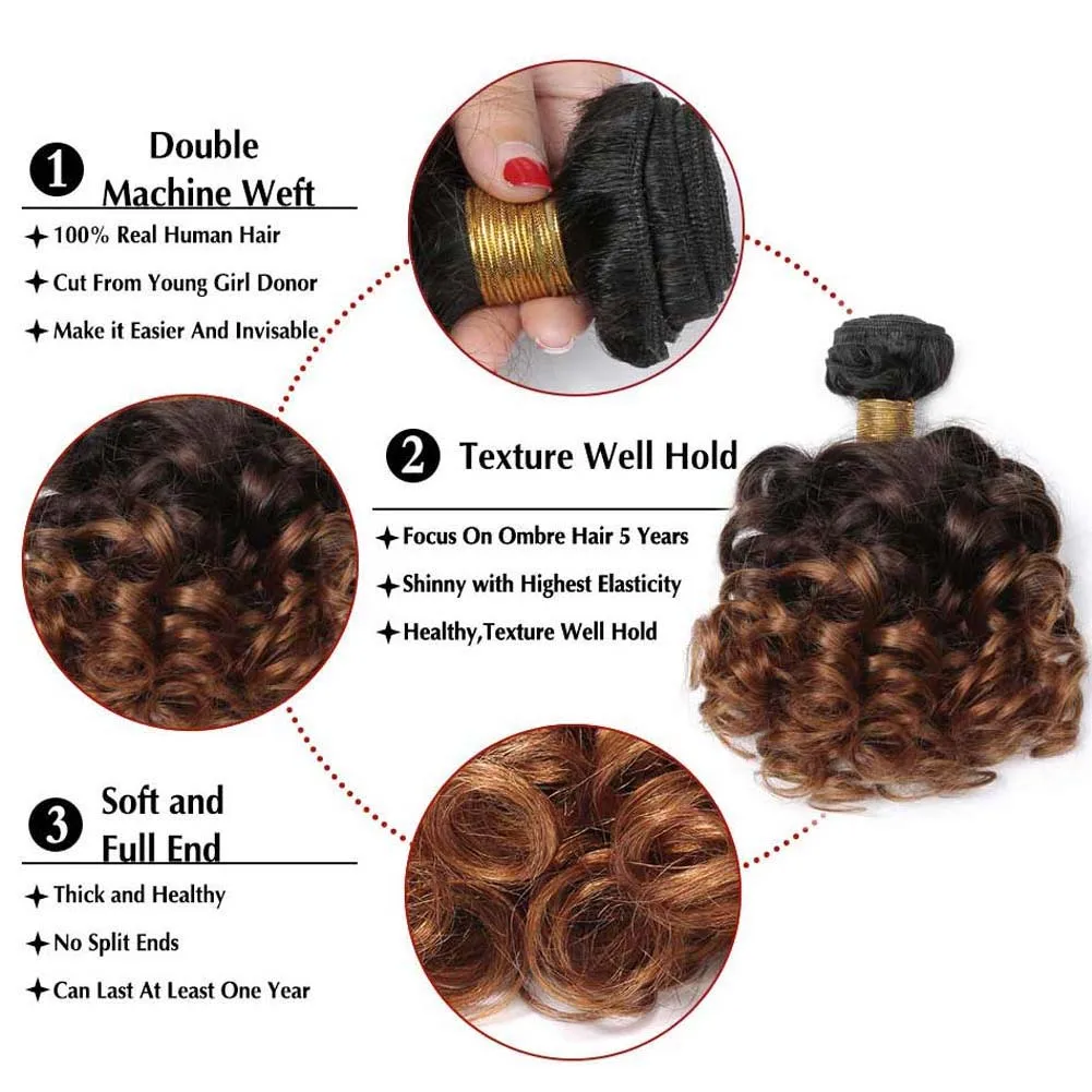 Ombre Bundles with Frontal Brazilian 1b/4/30 Human Hair Bouncy Curly Bundles with Closure Short Curly Human Hair Wave Bundles